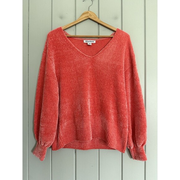 Tommy Bahama Sweater L Large Chenille V-Neck Coral Pink Balloon Sleeves - Picture 1 of 6